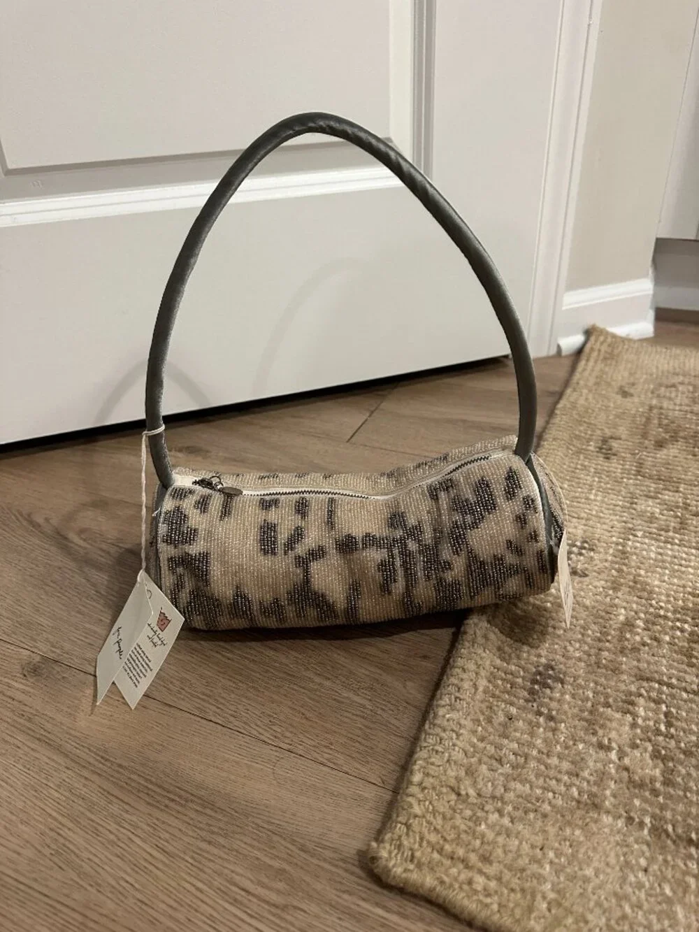FREE PEOPLE Bailey Beaded Barrel Bag in Cream / Grey NWT